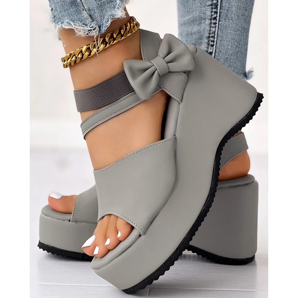 

Women Going Out Sandals Peep Toe Bowknot Decor Platform Slingback Wedge Summer Daily Shoes 2024 New Style Casual Suede Sandals