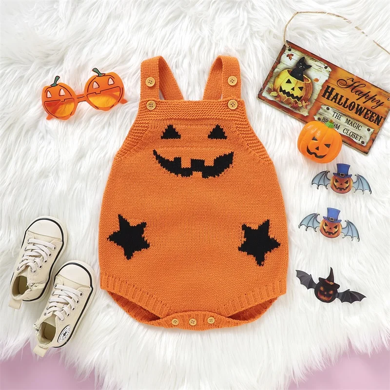 

Baby Suspenders Jumpsuit Halloween Pumpkin Print Sleeveless Knit Romper for Newborn Infant Boy Girls Cute Clothes