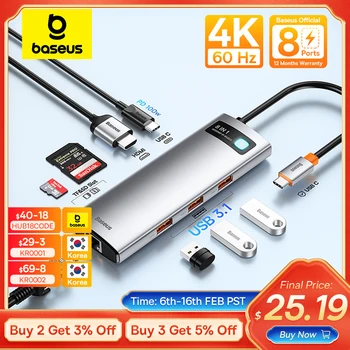 Baseus USB C 허브, USB 어댑터, 이더넷 포트 도킹 스테이션, 타입 C to HDMI 호환, 맥북 에어 M1 M2, USB 분배기, 10Gbps