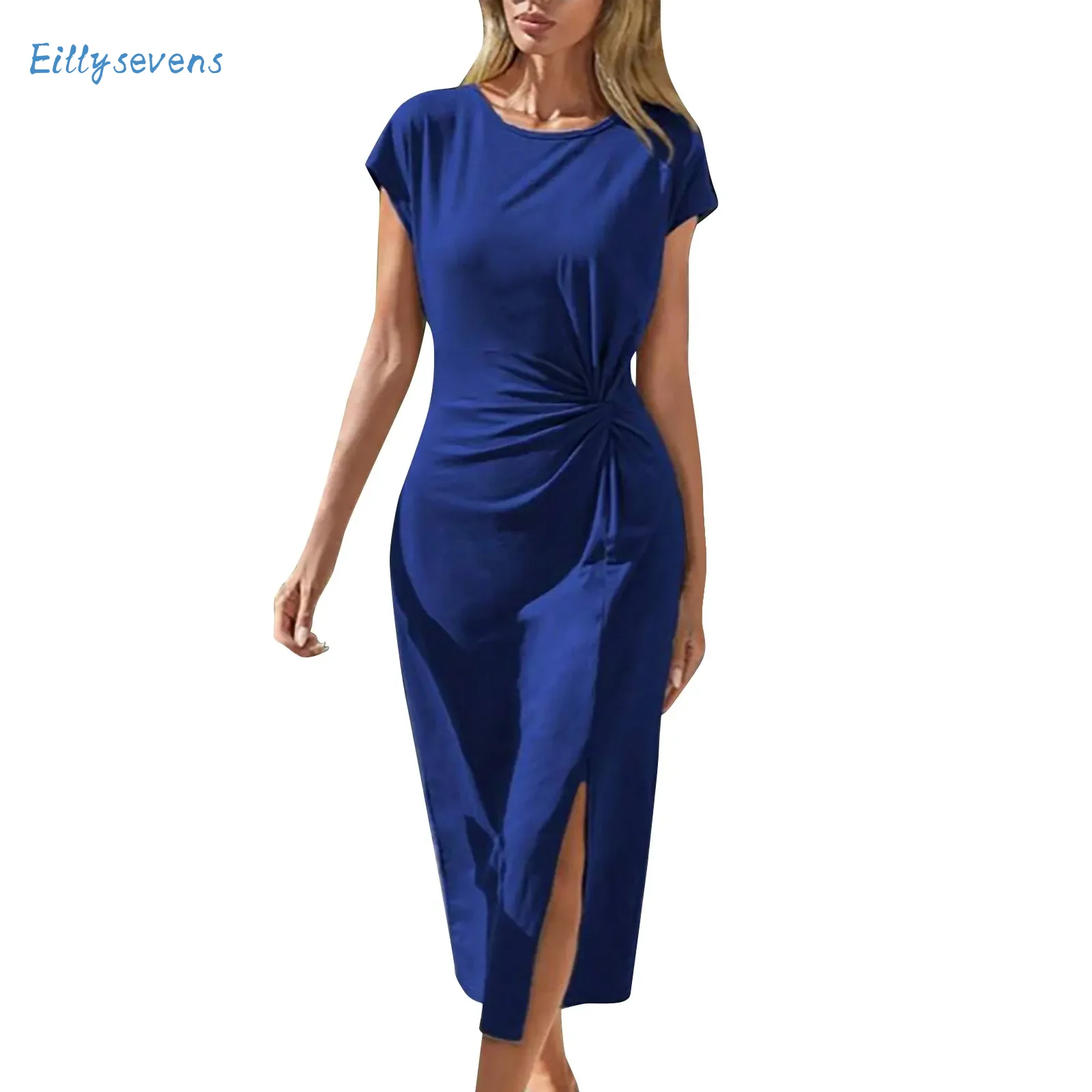 

Multi Colored Women'S Dresses Casual Classic Simple Short Sleeved Twisted Dress Summer New Solid Color Slim Fit Split Dress