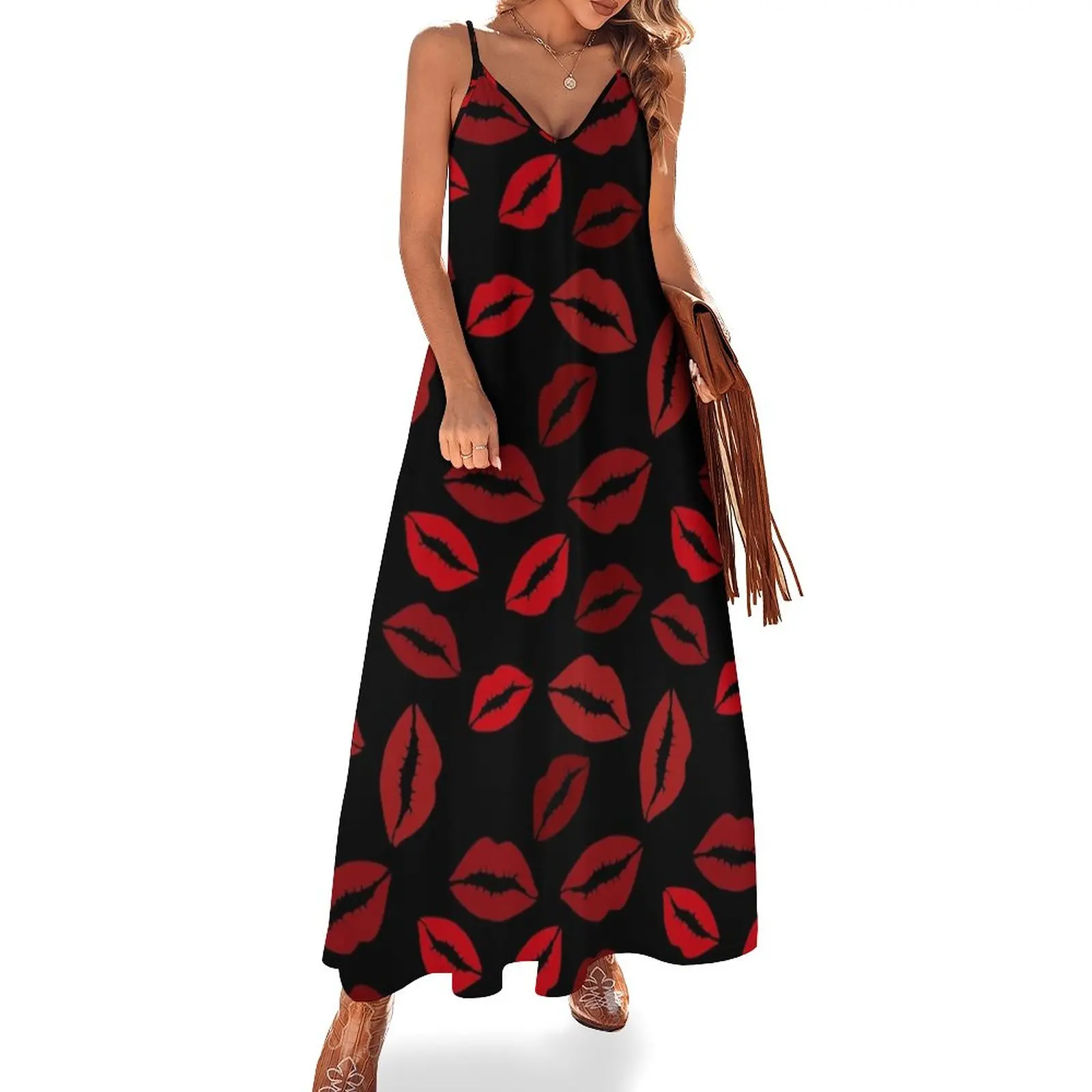 

New Seamless pattern of red lips on black background Sleeveless Dress dress summer Women's long dress prom clothes