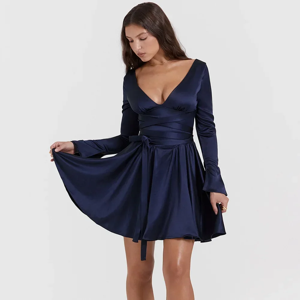 

Sladuo Womens V Neck Long Sleeve Satin Waist Bow Belt A Line Cocktail Party Swing Fit and Flare Skater Mini Dress