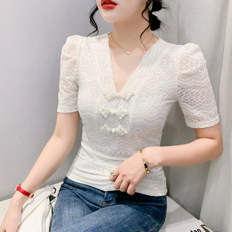 #6478 Summer Black White Lace T Shirt Women V-neck Pearls Buttons Sexy Short TShirt Female Short Sleeve Vintage Skinny T-shirt
#6478 Summer Black White Lace T Shirt Women V-neck Pearls Buttons Sexy Short TShirt Female Short Sleeve Vintage Skinny T-shirt