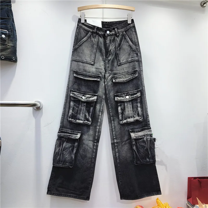 

2024 Spring Autumn New Spicy Girl Cool Fashion Big Pocket Halo Dye Gradient Design Denim Jeans Women Wide Leg Pants LX189