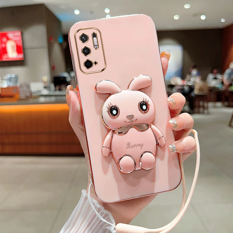 

For Xiaomi Redmi Note 10 5G Poco M3 Pro Phone Case Cartoon Rabbit Fold Stand With Lanyard Soft Silicone Luxury Plating Cover