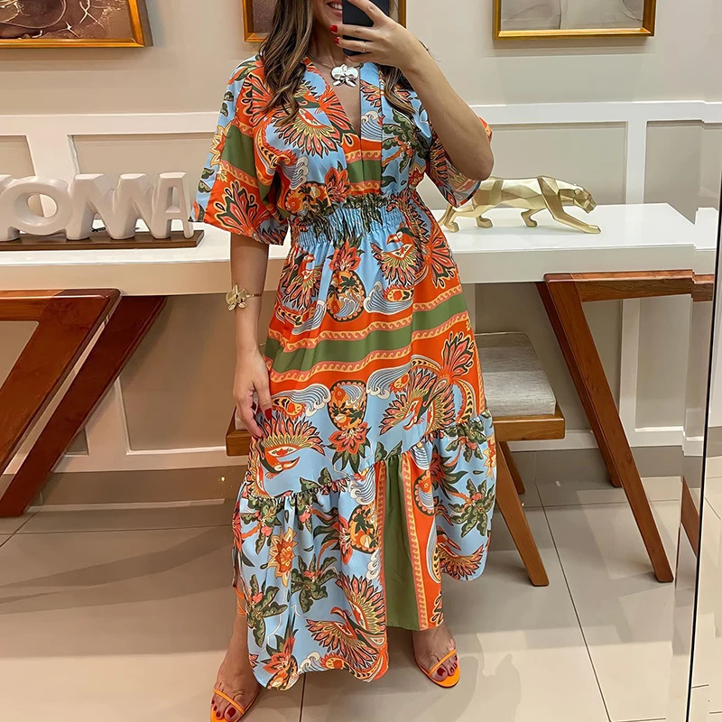 Elegant Deep V-neck Bohemian Long Dress Women Casual Short Sleeve Waist Party Dress Fashion Pattern Print Side Split Maxi Dress
Elegant Deep V-neck Bohemian Long Dress Women Casual Short Sleeve Waist Party Dress Fashion Pattern Print Side Split Maxi Dress