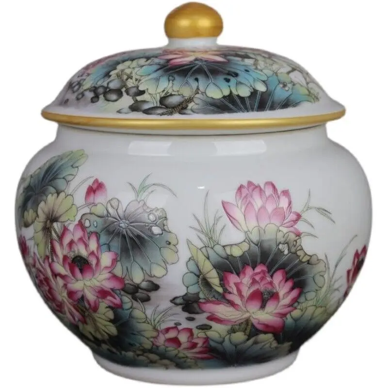 

China Qing Qianlong Famille Rose Porcelain Lotus Pattern Pot Tea Caddy 6.9 inch