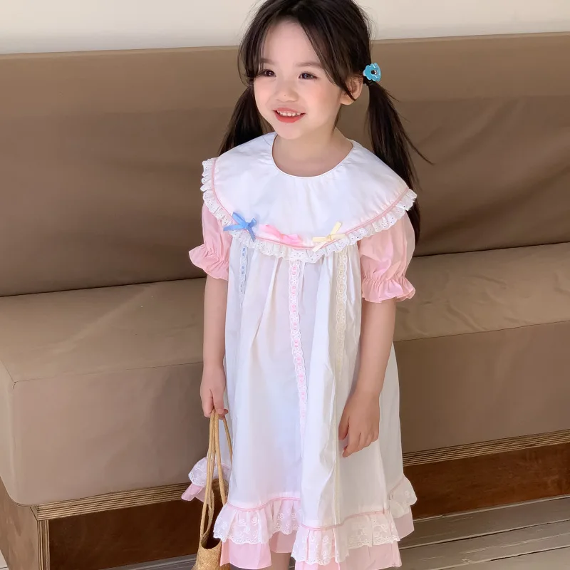 

Summer Young Baby Girl Dress 2024 Flower Turn Down Collar Knotbow Little Girl Dress Short Sleeve Spliced Lace Infant Girls Dress