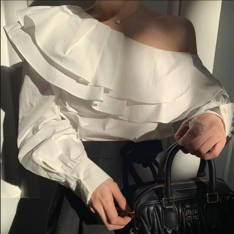 

Women Casual Oblique Shoulder Long Sleeve Short Shirt Spring