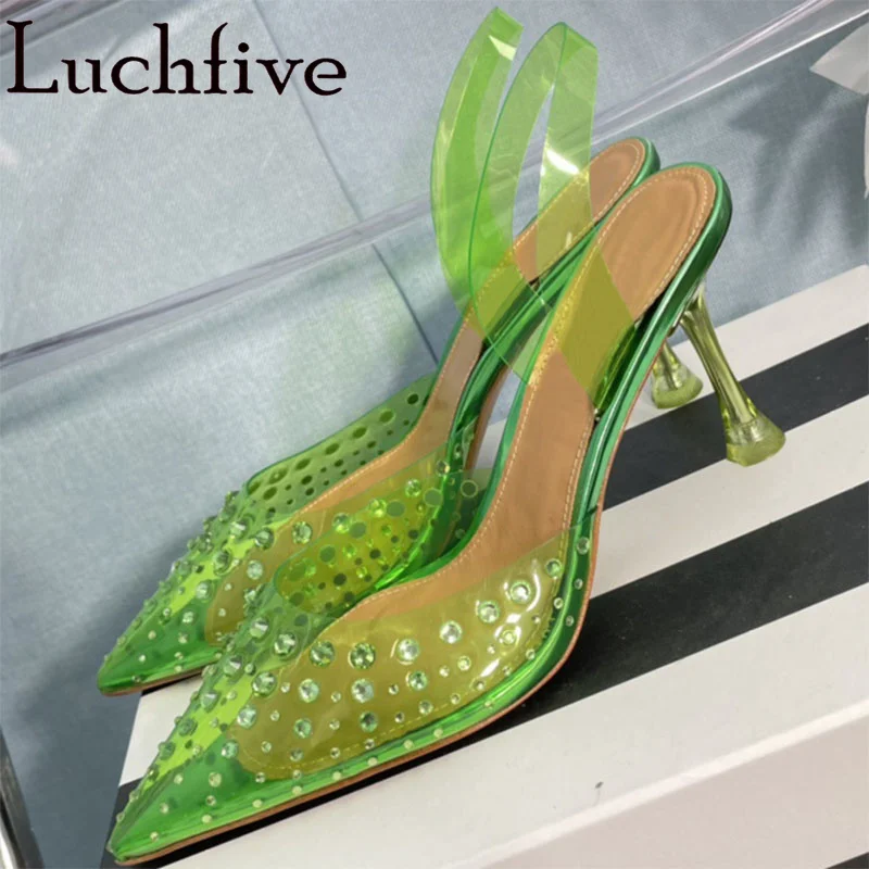 

2023 Summer PVC Crystal Sandals Women Thin High Heels Ladies Shoes Pointy Toe Clear Slingbacks Plus Size Green Zapatos Mujer