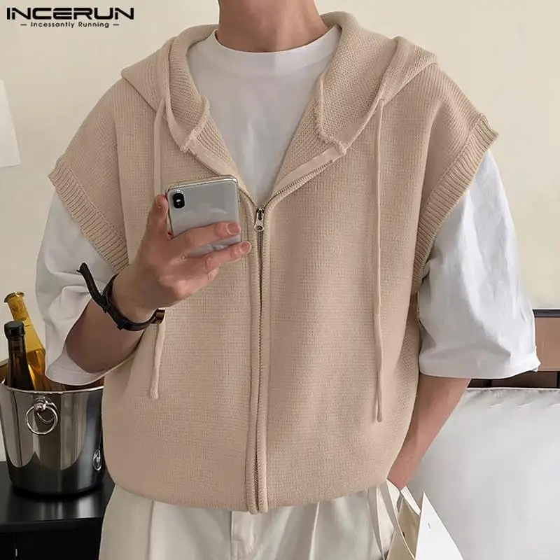 

INCERUN Tops 2023 Korean Style Handsome Men's Hooded Knitted Off Shoulder Vests Stylish Simple Male Solid Loose Waistcoat S-5XL