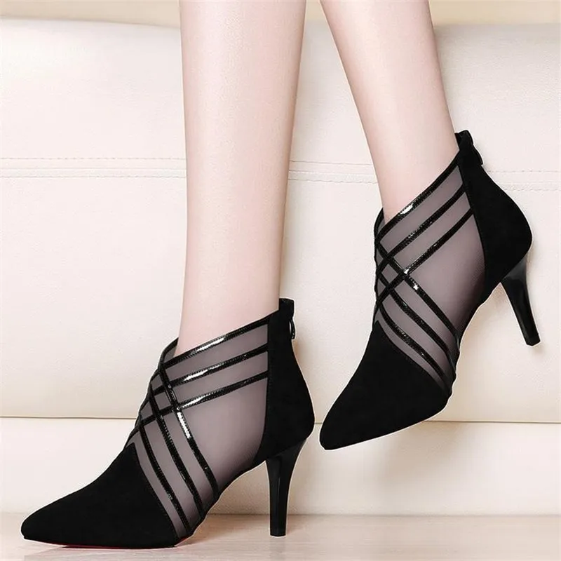 

Fashion Mesh Lace Crossed Stripe Women Ladies Casual Pointed Toe High Stilettos Heels Pumps Feminine Mujer Sandals Shoes Size 39