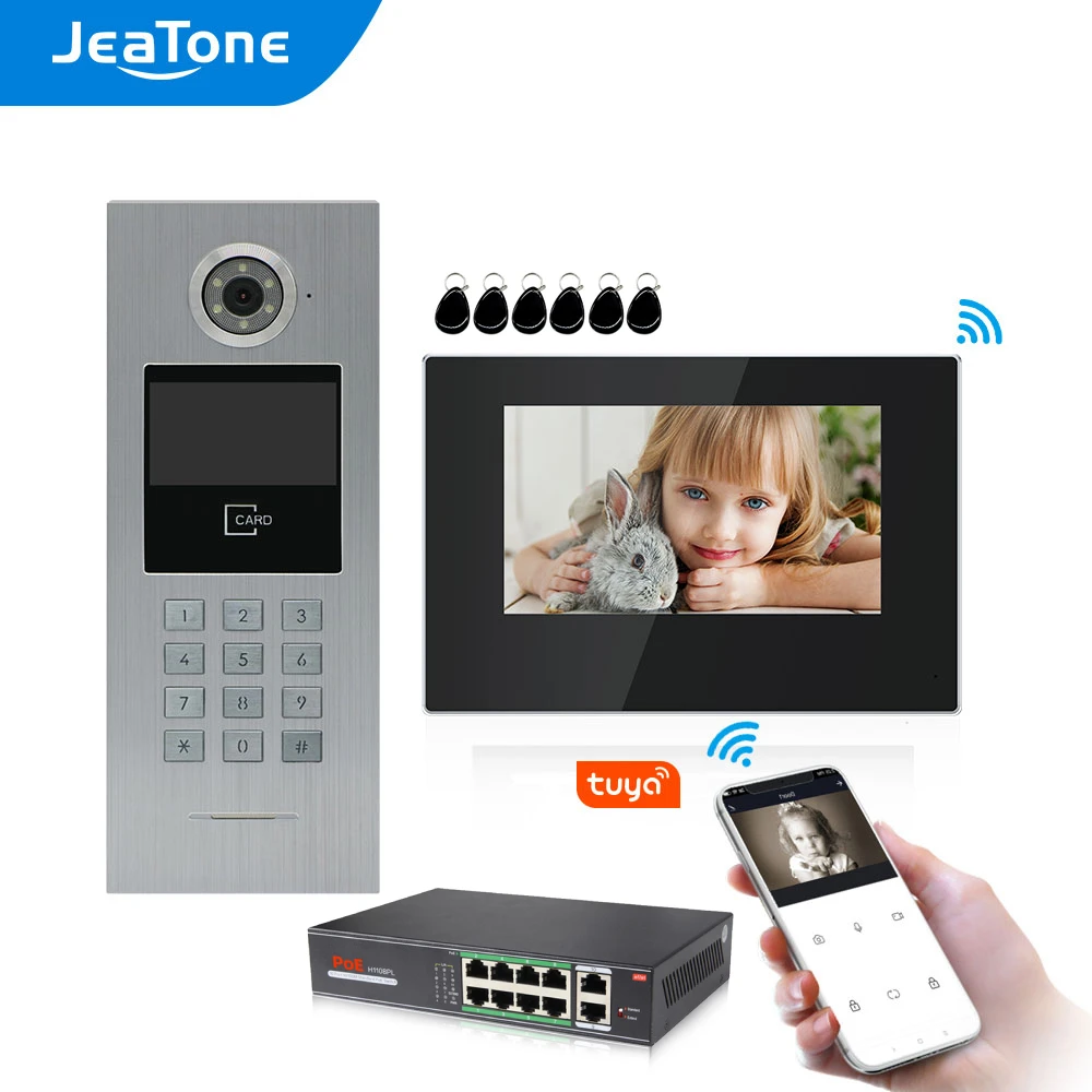 

JeaTone WiFi IP Video Door Phone 1 to 9 Units Multi Apartment Intercom Access Control System with Tuya/Password/RFIC Card Unlock