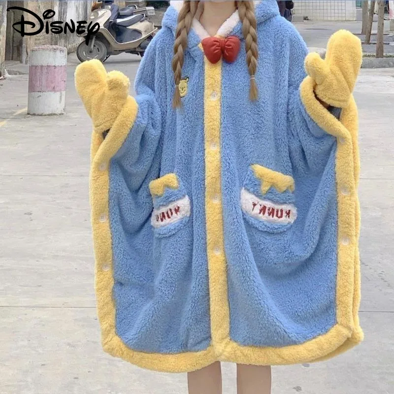 

Disney Cartoon Pooh Bear Plush Home Clothes Women Kawaii Coral Velvet Robes Hooded Y2k Girl Loose Dolman Sleeve Pajama Cardigan