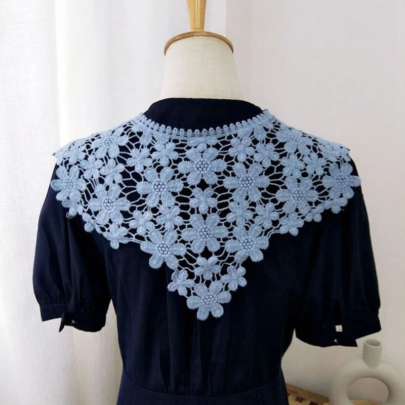 

Korean Women Asymmetric Cotton Fake Collar Shawl Wrap Solid Color Hollow Out Floral Lace Necklace Scarf Crochet Knit Decorative