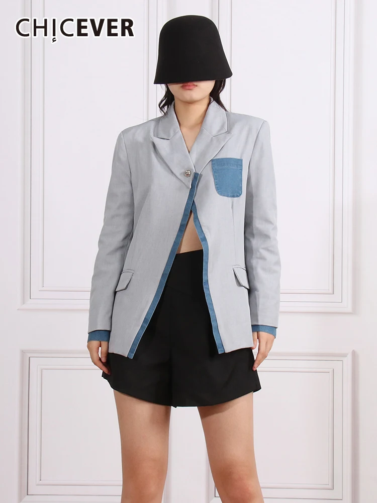 

CHICEVER Streetwear Colorblock Blazers For Women Notched Collar Long Sleeve Patchwork Denim Casual Temperament Blazer Female New