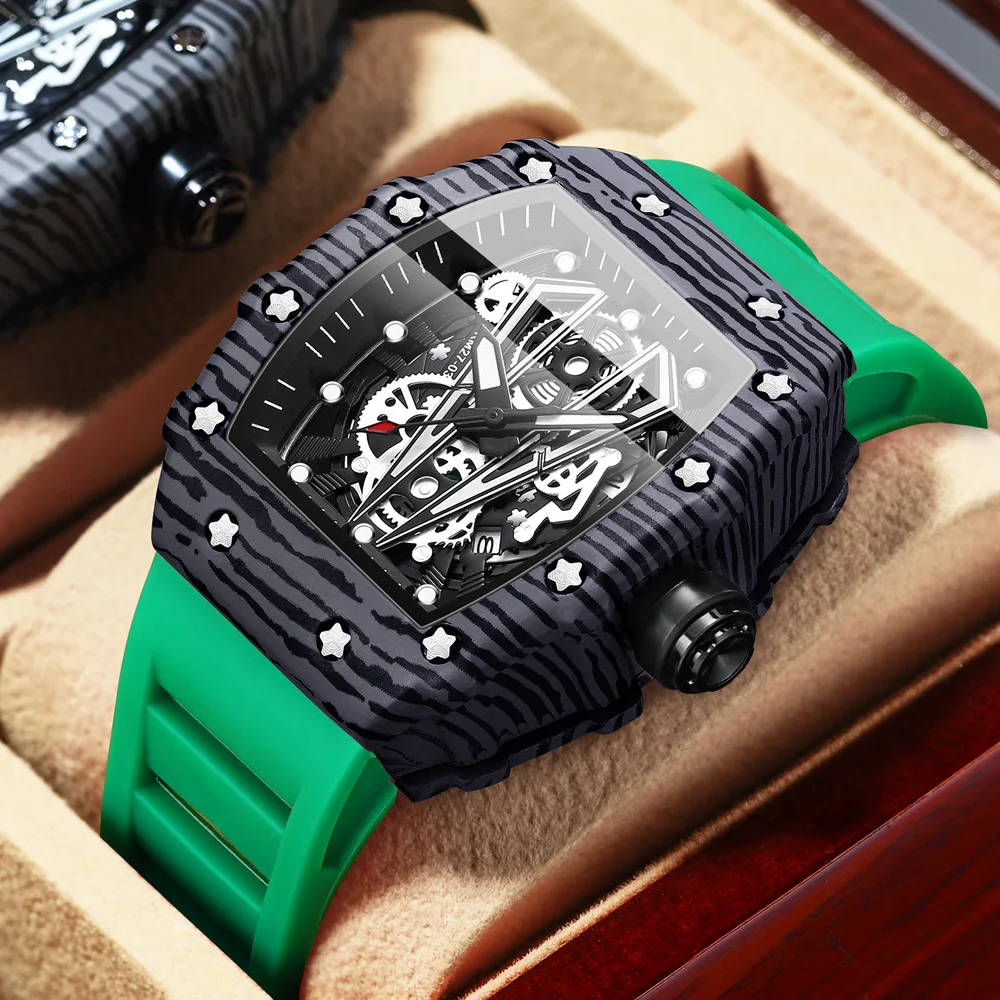 

Top Luxury Men Quartz Watch Silicone Strap Hollow BINBOND B8577 Watches Mens Waterproof Sports Wristwatches Relogio Masculino