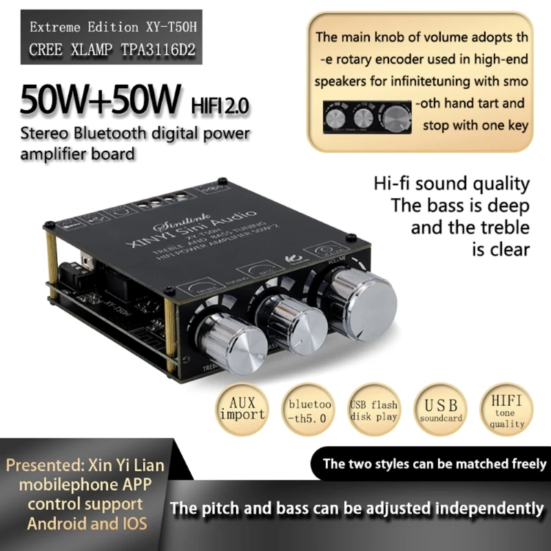 TPA3116D2 Bluetooth 5.0 50W*2 Subwoofer Power Amplifier Board 2.0 Channel High Power Audio Stereo AUX USB Bass AMP T50H
TPA3116D2 Bluetooth 5.0 50W*2 Subwoofer Power Amplifier Board 2.0 Channel High Power Audio Stereo AUX USB Bass AMP T50H