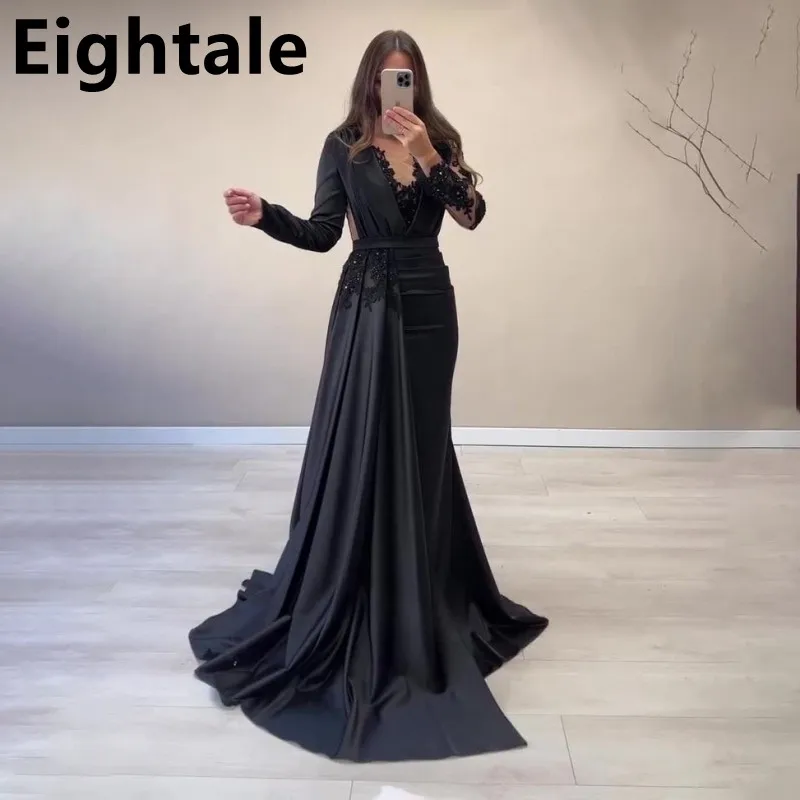 

Black Mermaid Formal Evening Dresses Long Sleeves Evening Gowns Beading Elegant Prom Dresses Turkish Couture Robe De Soiree