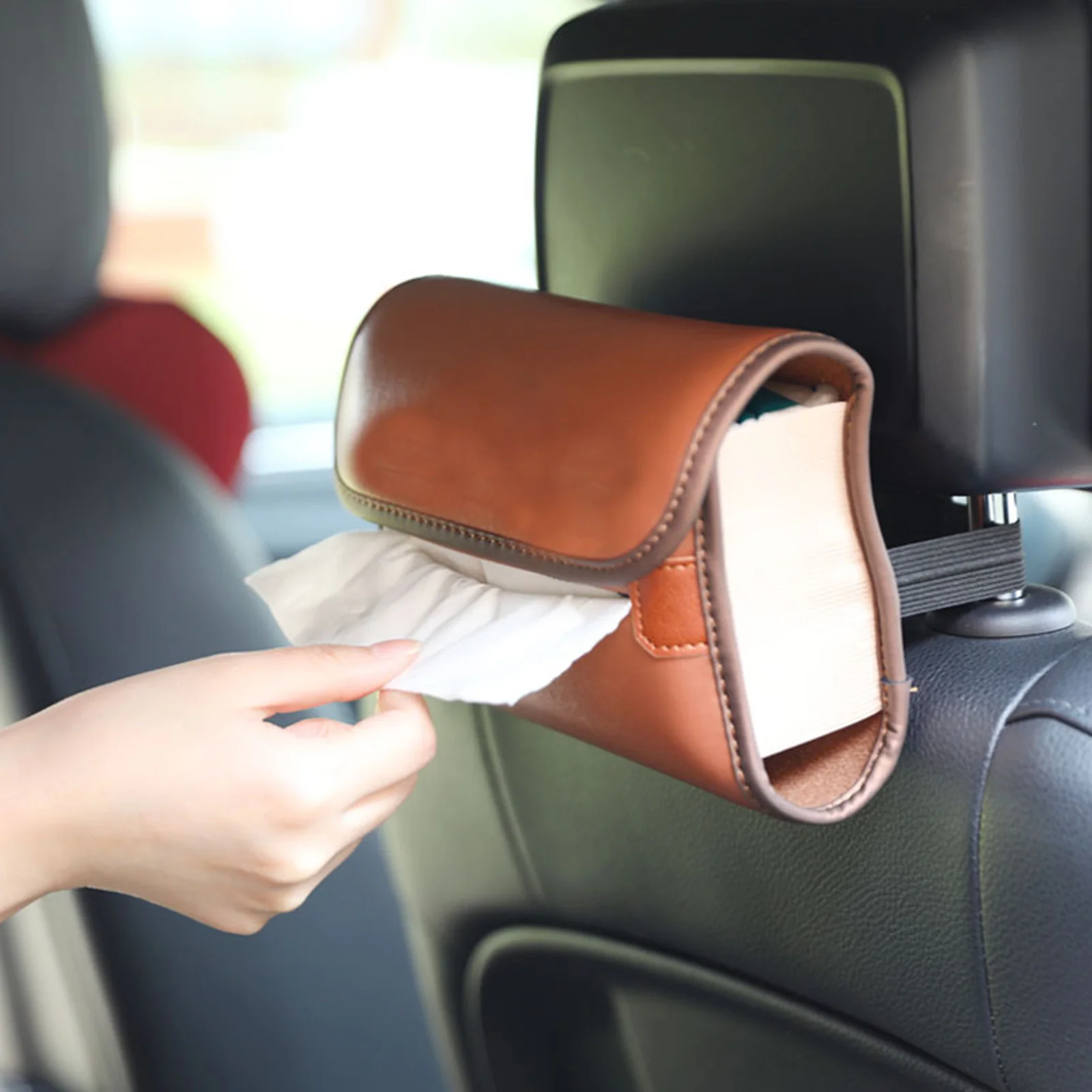 

Car Tissue Box Holder Nappa Leather Car Center Console Armrest Napkin Box Sun Visor Backseat Tissue Case with Fix Strap