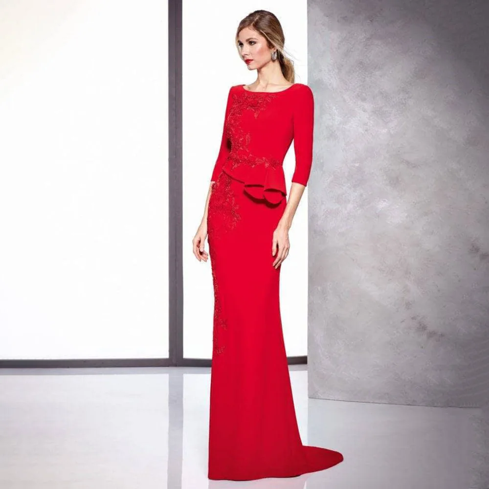 

Elegant Mother of the Bride/Groom Dresses Red Applique Scoop Mermaid Wedding Guest Gowns 3/4 Sleeves Ruffle Trummpet Formal Gown