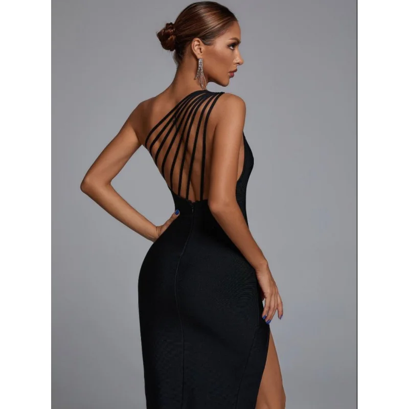 

Sexy Beauty Back Line Oblique Shoulder Small Slit Black Bandage One-Piece Dress Elegant Graceful Banquet Party Dress