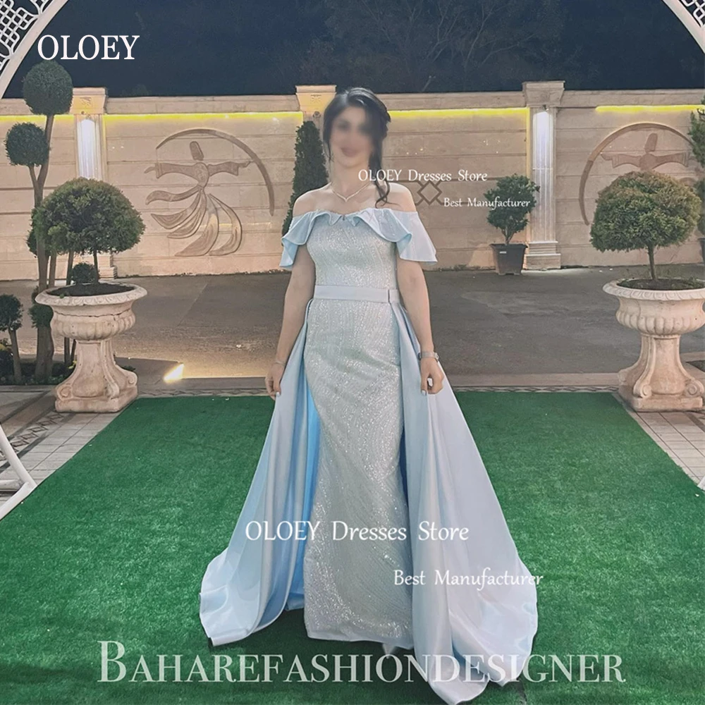 OLOEY Glitter Light Blue Mermaid Evening Dresses With Detachable Train Off Shoulder Sleeves Prom Gowns Formal Party Wedding 
OLOEY Glitter Light Blue Mermaid Evening Dresses With Detachable Train Off Shoulder Sleeves Prom Gowns Formal Party Wedding