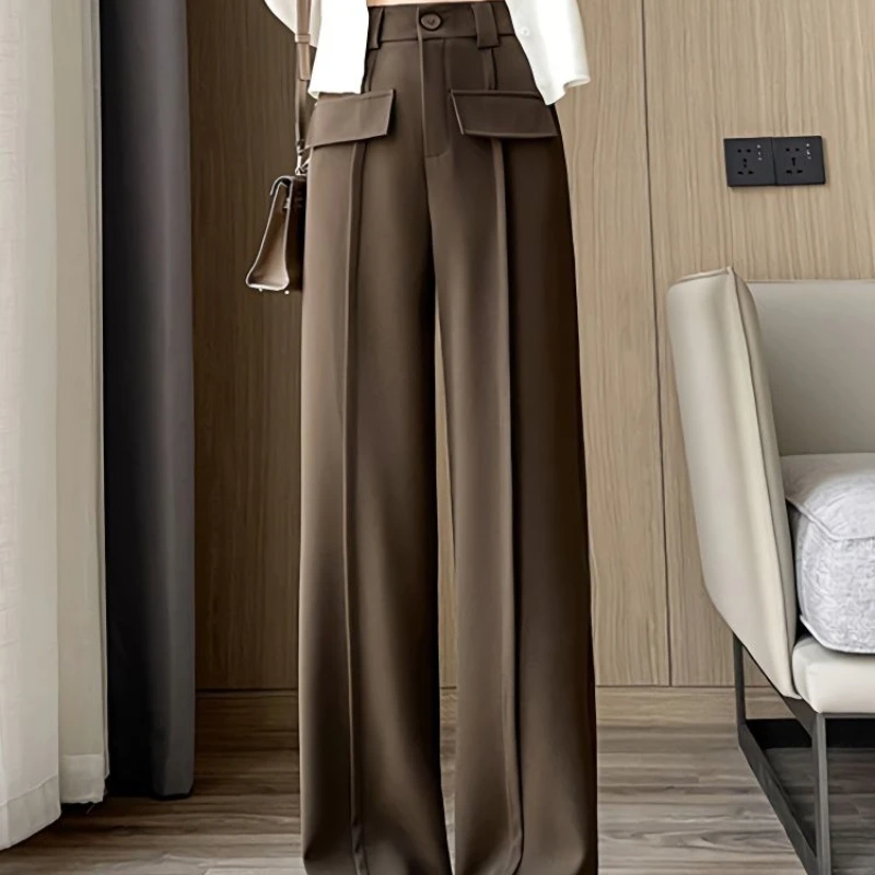 

2024 New Spring/Summer Korean Loose Casual Straight Tube Pants High Waist Solid Color Commute Spliced Button Women's Trousers