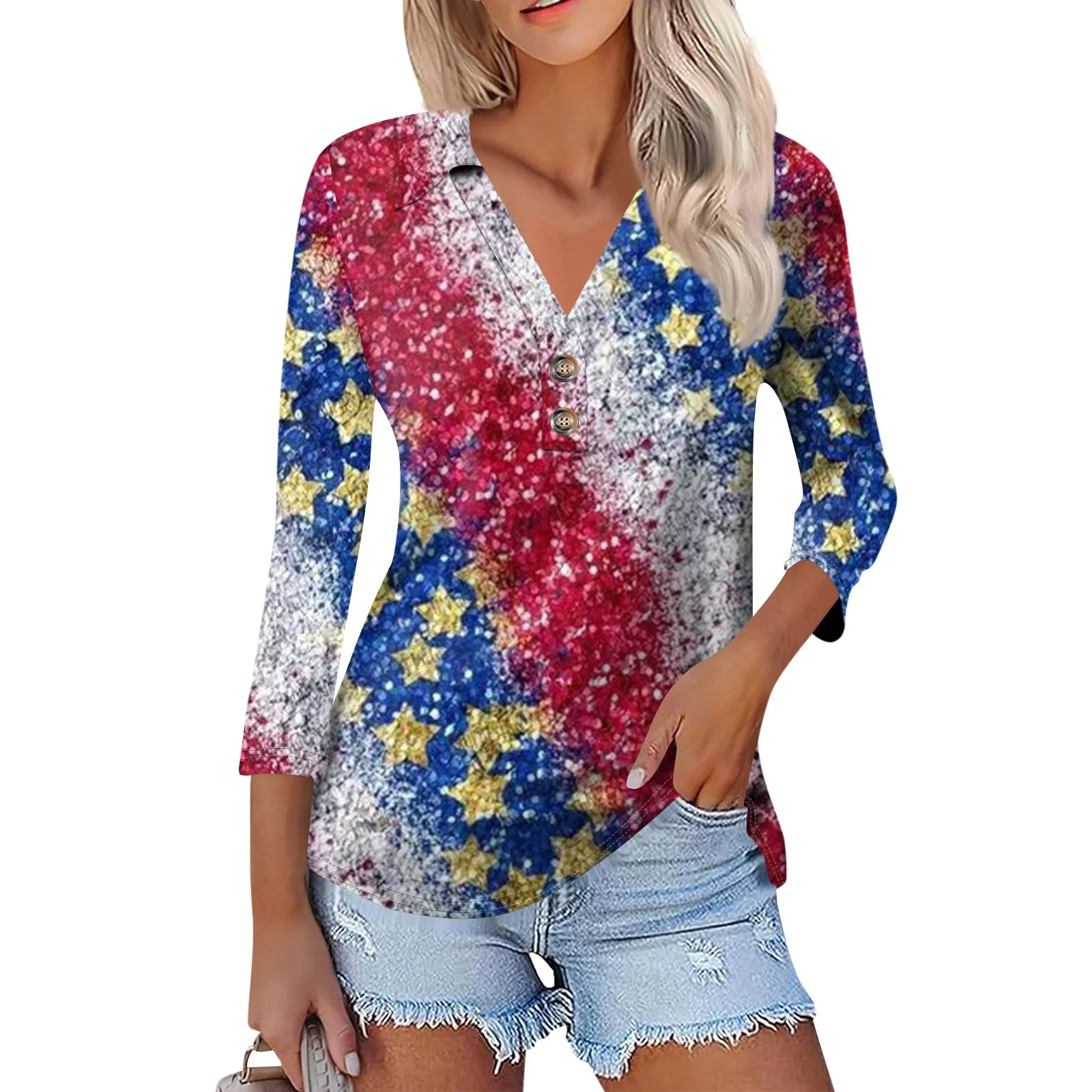 

Women's Summer Fashion Casual Independence Day Printed V-Neck Seven Sleeve Shirt Stand Top ropa de mujer 티셔츠 топ женский#