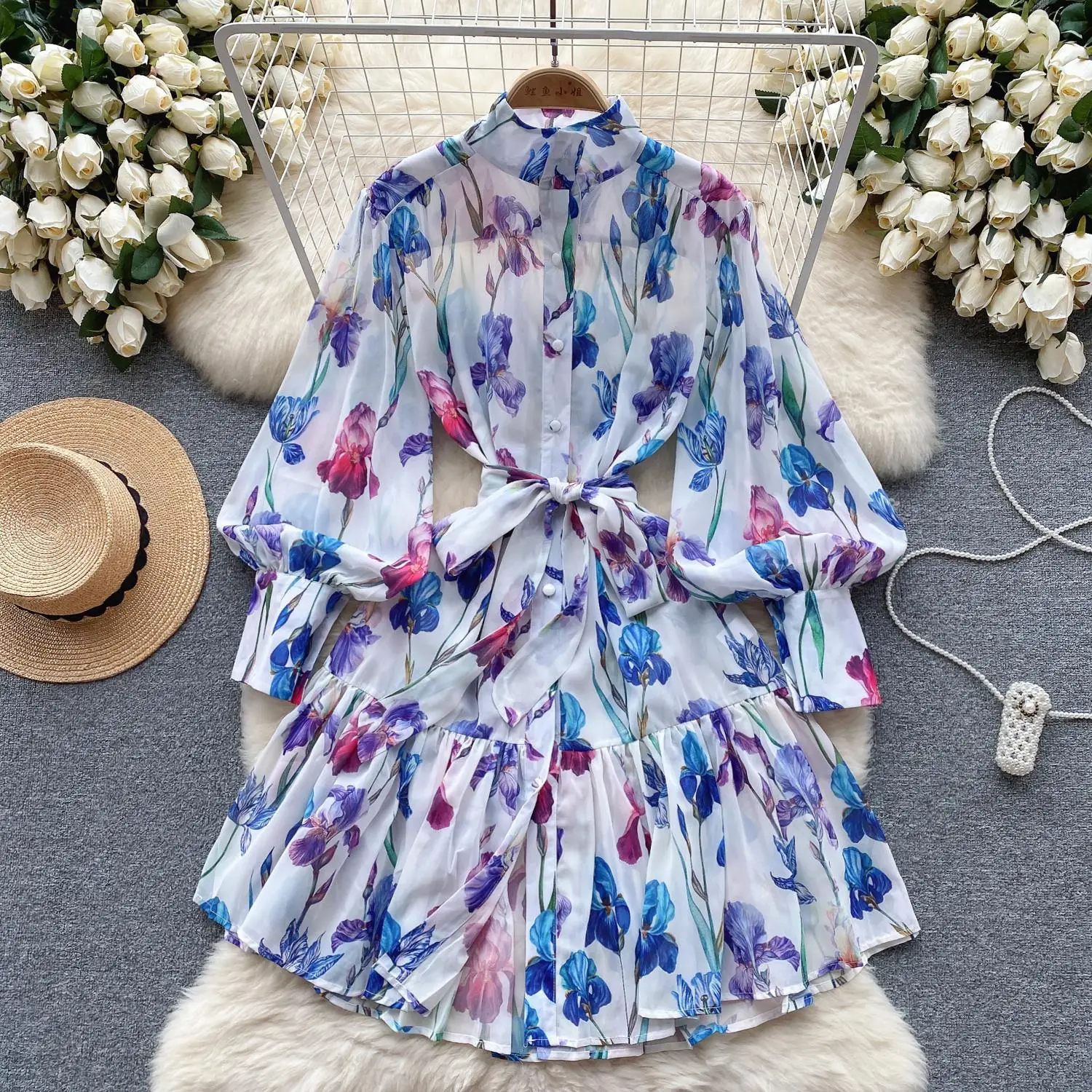 

Runway Holiday Boho Short Dress Women Clothing Turleneck Long Lantern Sleeve Flower Print Belted Blue Mini Chiffon Vestidos 6518