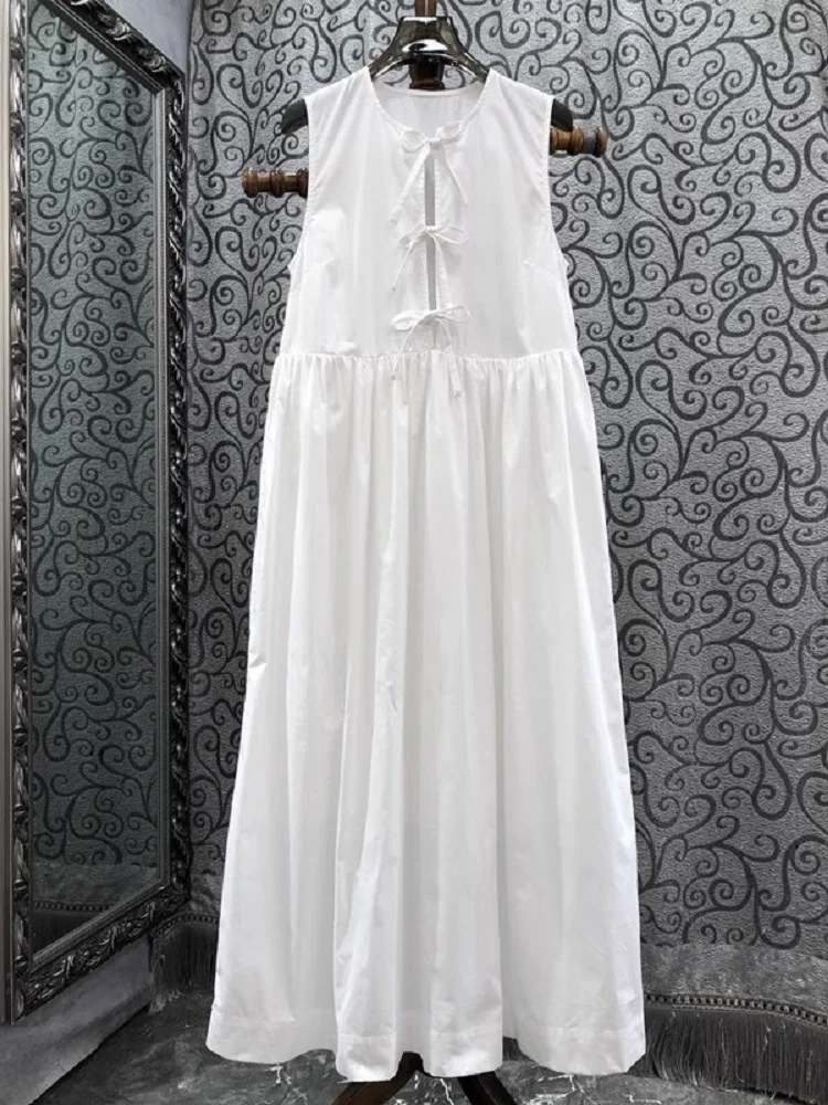 

100%Cotton White Black Dress 2024 Summer Fashion Design Clothes Women Hollow Out Bow Deco Sleeveless Midi Casual Sun Dress Tunic