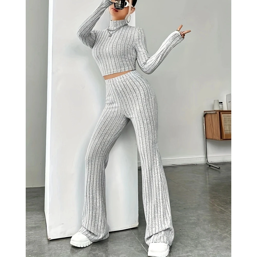 

2023 Autumn Elegant Women Half High Collar Knitted Top & Flared Pants Set Femme Slim Fit Sporty Sets Causal Ribbed Two Piece Set