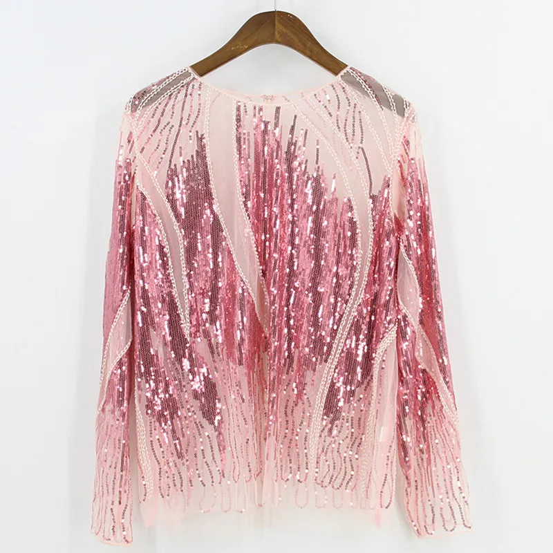 

Sexy Beaded Shirts O-Neck Perspective Pullover Sequined Long-sleeved Gauze Spliced Hollow Mesh Dance Long Sleeved Tops