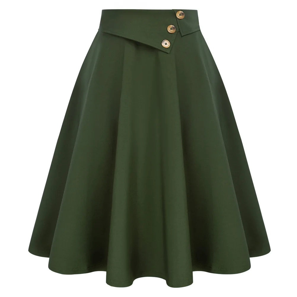 

Belle Poque Women Vintage Swing Skirt Elastic Waist Buttons Decorated Flared A-Line Skirt Knee Length Simple Retro Solid Skirts