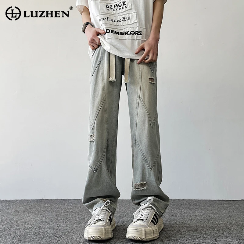 

LUZHEN Broken Hole Splicing Design Washed Straight Jeans Casual Trendy 2024 Spring New Men's Wide Leg Pants Free Shipping LZ2378