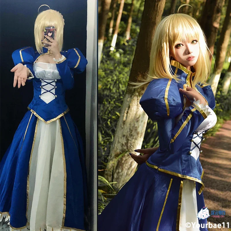 

Костюм для косплея саблей из аниме «Fate/Stay Night», голубое длинное платье, униформа для Хэллоуина, Женская яркая одежда для карнавала