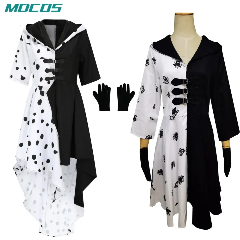 

Magical 101 Dalmatians Black and White Witch Cruella De Vil Cosplay Costume Dress for Stage Performance