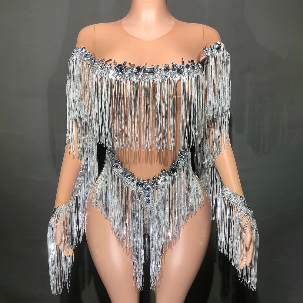 Sparkly Rhinestones Silver Fringes Bodysuit Sexy Mesh Transparent Latin Dance Dress Performance Costume Nightclub Stage Wear
Sparkly Rhinestones Silver Fringes Bodysuit Sexy Mesh Transparent Latin Dance Dress Performance Costume Nightclub Stage Wear
