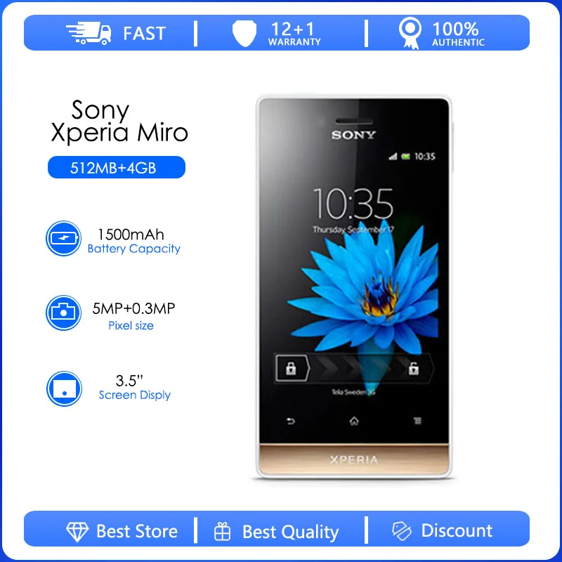 

Sony Xperia miro ST23 ST23i ST23a Refurbished Original Unlocked 3.5" Inches 5MP WIFI Android Smartphone 4GB 512MB RAM Cellphone