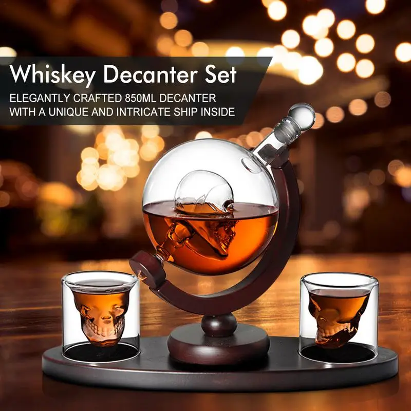 

1 Pcs Whiskey Decanter Skull Whiskey Dispenser For Liquor Bourbon Vodka Globe Decanter With Finished Wood Stand
