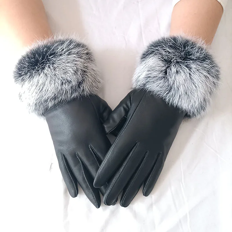 

2024 Women Winter Real Sheepskin Gloves With Real Fur Cuff Warm Genuine Fur Trim Leather Glove