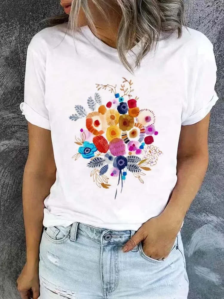 

Flower Cartoon Print 90s Fashion T-Shirt Women's Clothing Summer Short Sleeved Pattern Women's Round Neck Fun T-Shirt Top.