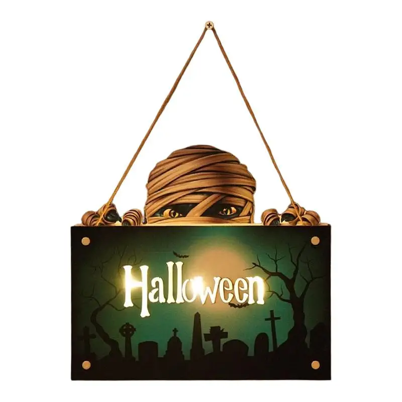 

Halloween Hanging Signs Decorations Pumpkin Ghost Zombie Halloween Theme Lighted Wood Signs Battery Powered Party Hanging