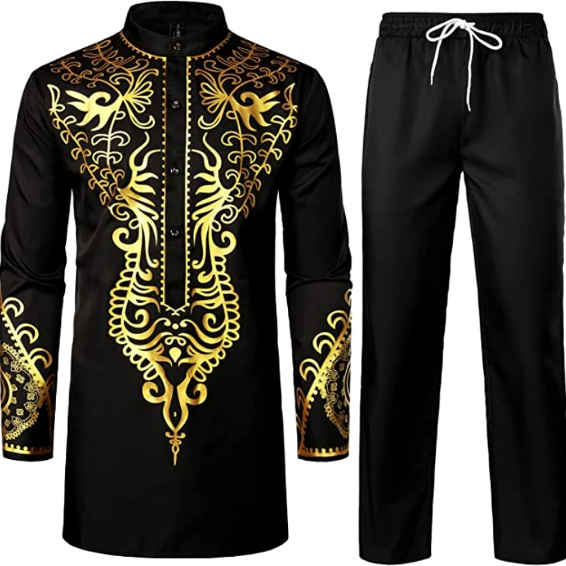 

Casual men's luxurious geometric print high collar robe two-piece set in black white Burgundy navy blue