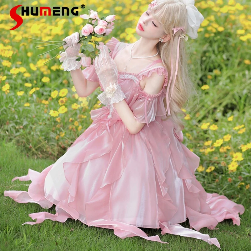 

New Japanese Lolita Chest Cover Fishbone Waist Slimming Dress Super Fairy Blue Mermaid Princess Flower Wedding Vestidos De Mujer