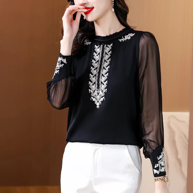 

Spring Autumn Women's Solid Ruffled Neck Chiffon Button Lace Embroidered Lantern Long Sleeve T-shirt Casual Fashion Elegant Tops