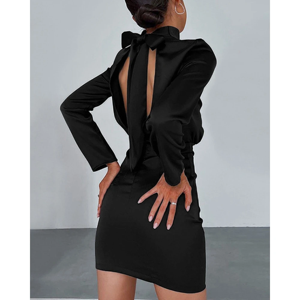 

Women Backless Mock Neck Bowknot Lace Up Bodycon Dress Party Fashion Solid Color Long Sleeve Mini Dress Robe Femme y2k Cloth