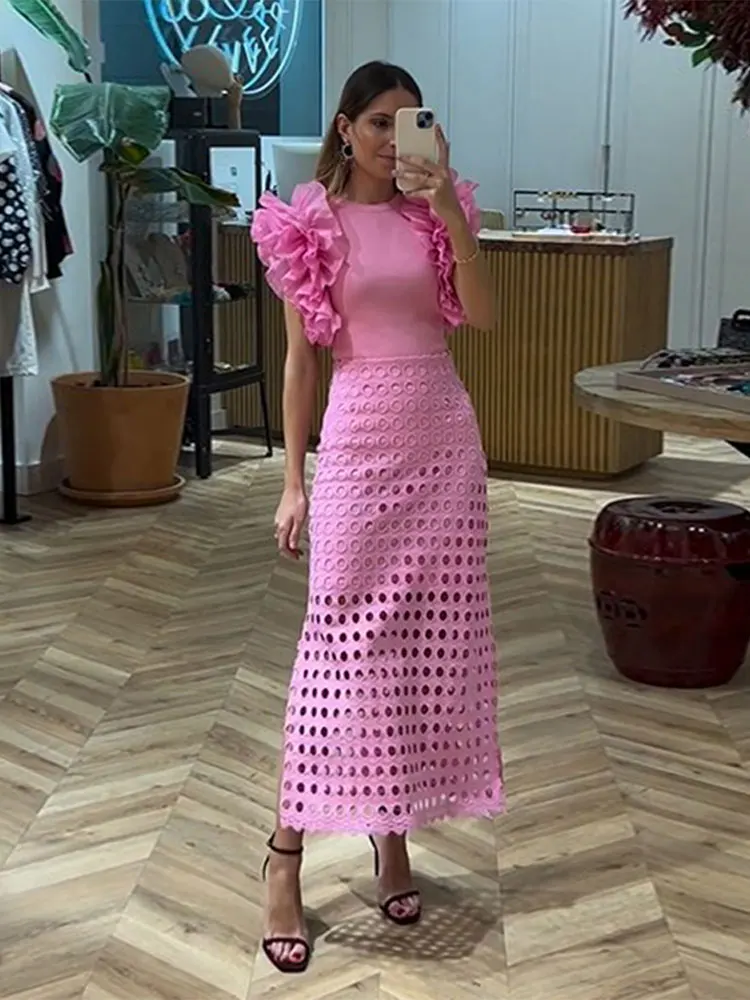 Women Elegant Pink Spliced Pleated Lace Midi Dress Chic Round Neck Sleeveless Hollow Out Robe 2024 New Lady Party Slim Vestidos
Women Elegant Pink Spliced Pleated Lace Midi Dress Chic Round Neck Sleeveless Hollow Out Robe 2024 New Lady Party Slim Vestidos