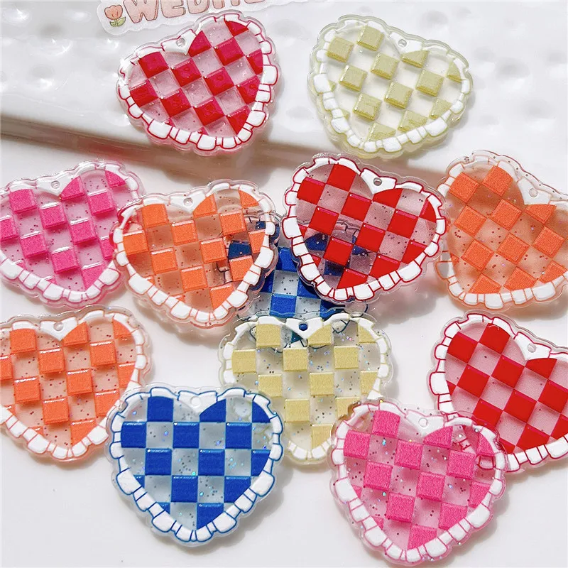 

New style 50pcs/lot color grid pattern print cartoon hearts shape acrylic beads diy jewerly earring/garment pendant accessory