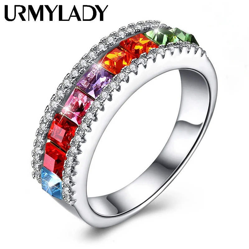 

URMYLADY 925 Sterling Silver Colored Zircon Ring for Women Wedding Party Engagement Fashion Creative Geometry Charm Jewelry